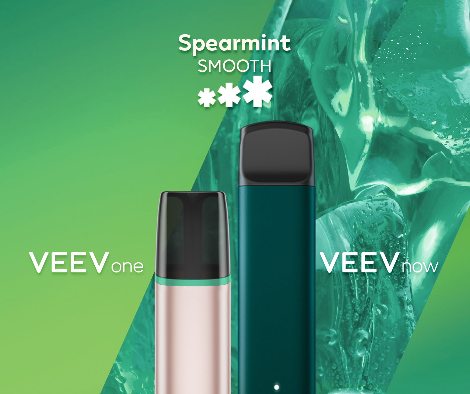 Un appareil à capsule VEEV ONE et un appareil jetable VEEV NOW, tous deux en saveur Spearmint.